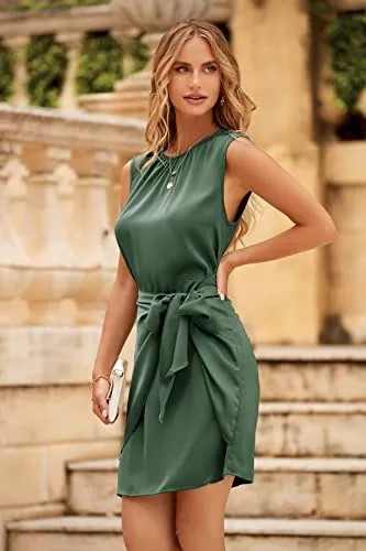 PRETTYGARDEN Women's 2023 Fall Satin Dress Long Sleeve Tie Waist Elegant Cocktail Party Mini Dresses (Dark Green,Small)