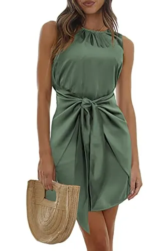 PRETTYGARDEN Women's 2023 Fall Satin Dress Long Sleeve Tie Waist Elegant Cocktail Party Mini Dresses (Dark Green,Small)