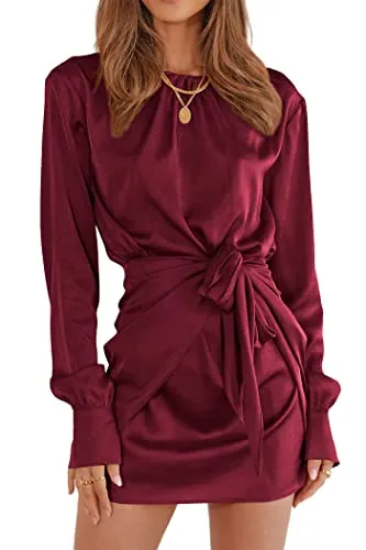 PRETTYGARDEN Women's 2023 Fall Satin Dress Long Sleeve Tie Waist Elegant Cocktail Party Mini Dresses (Dark Green,Small)