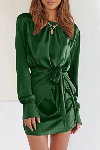 PRETTYGARDEN Women's 2023 Fall Satin Dress Long Sleeve Tie Waist Elegant Cocktail Party Mini Dresses (Dark Green,Small)