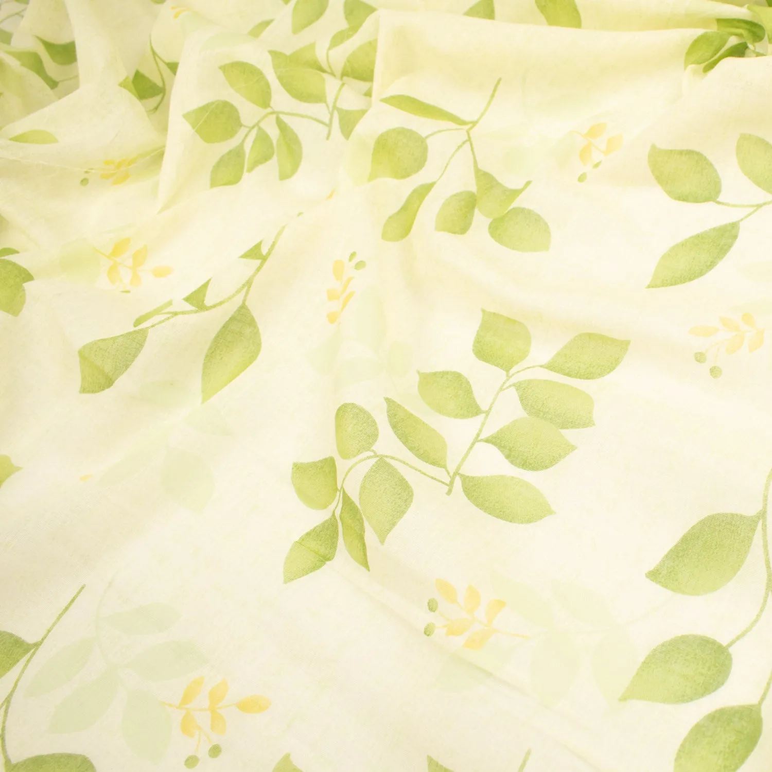 Printed Cotton Voile Design-36 Green Leaves on Light Yellow