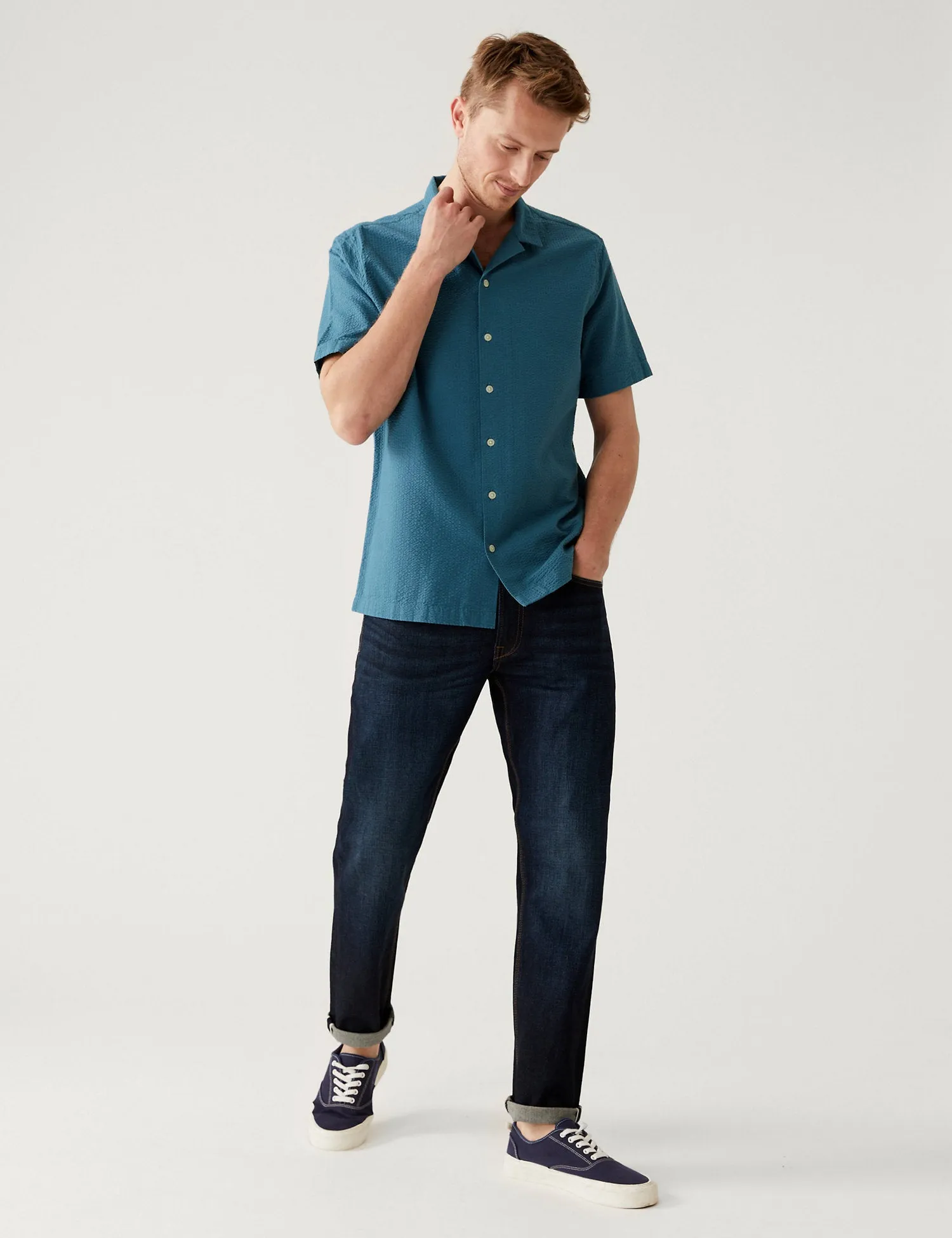 Pure Cotton Seersucker Cuban Collar Shirt