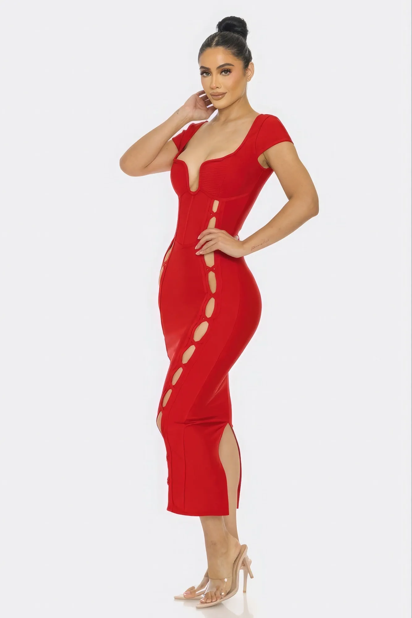 Red Bandage Side Cutouts short sleeve Tight Fit Midi Long Dress