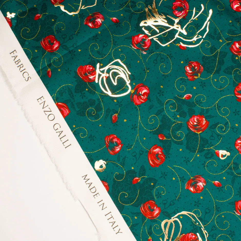 Red Floral Printed Dark Green & Gold Laminated Cotton