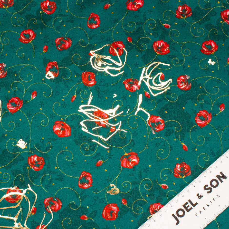 Red Floral Printed Dark Green & Gold Laminated Cotton