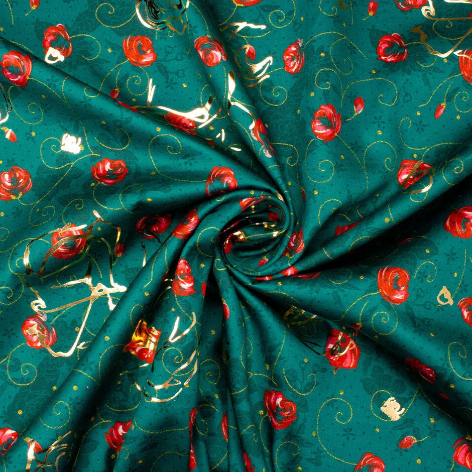 Red Floral Printed Dark Green & Gold Laminated Cotton