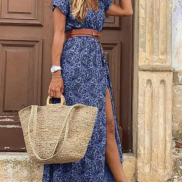 Retro Floral Thigh Slit Maxi Wrap Over Paisley Print Vacation Dress