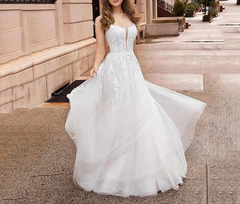 Romantic Flowy Lace Detailed Tulle A Line Wedding Gown All Sizes/Colors