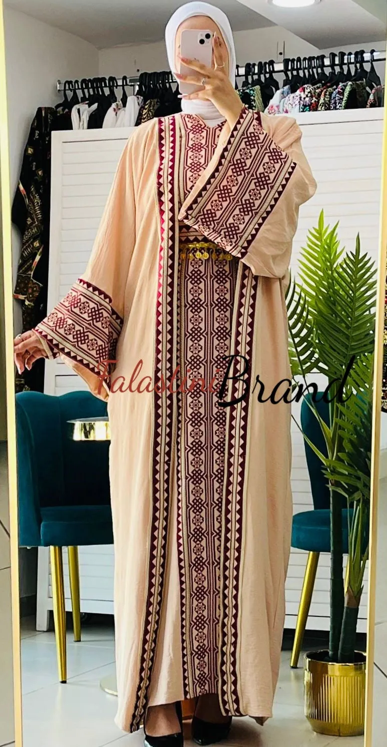 Royal Nude and Golden Embroidered Dress and Abaya Set