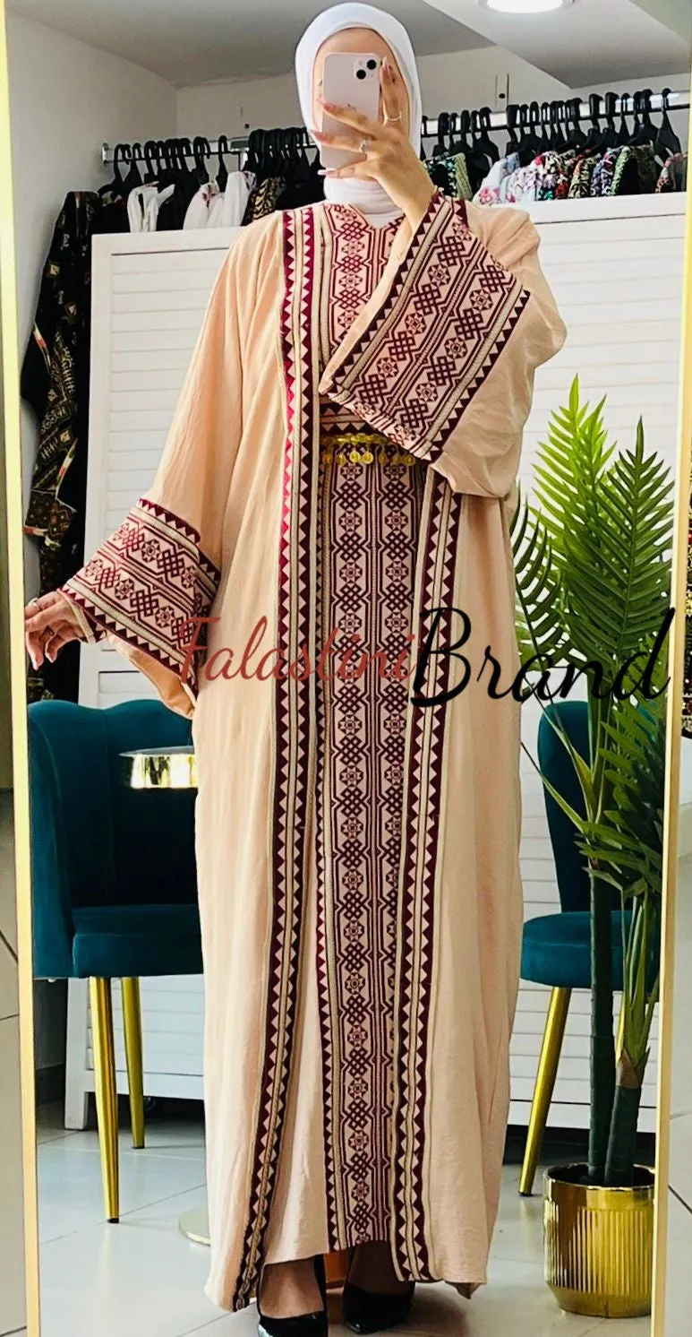 Royal Nude and Golden Embroidered Dress and Abaya Set