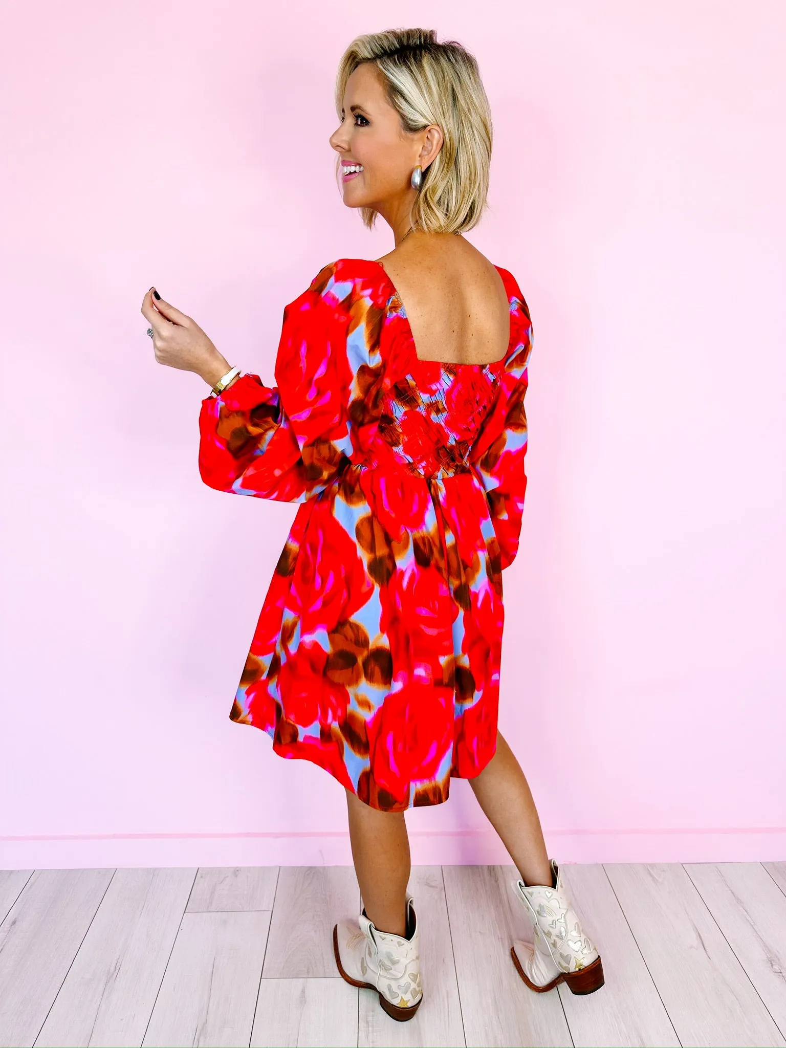 RUNAWAY ROSES SMOCKED DRESS - RED