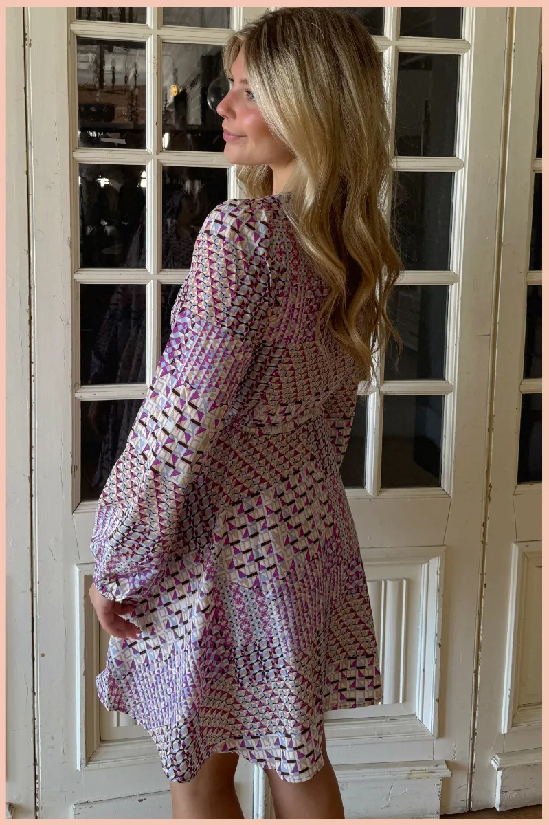 Satin Geo Print Long Sleeve Dress