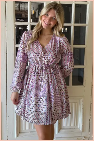 Satin Geo Print Long Sleeve Dress