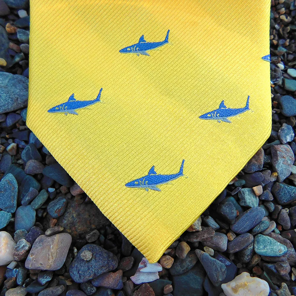 Shark Necktie - Blue on Yellow, Woven Silk