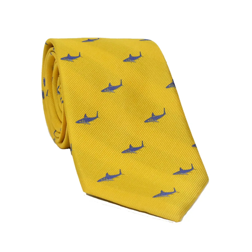 Shark Necktie - Blue on Yellow, Woven Silk