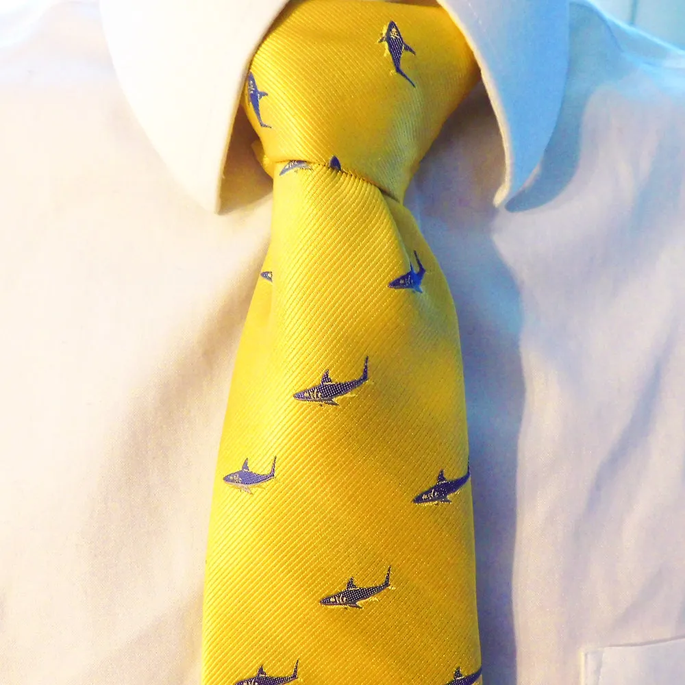 Shark Necktie - Blue on Yellow, Woven Silk