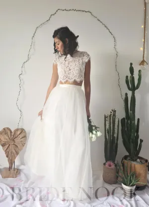 Short Sleeves Two-Piece Wedding Dress With Lace Top