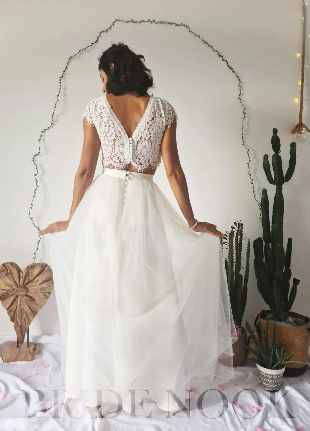 Short Sleeves Two-Piece Wedding Dress With Lace Top