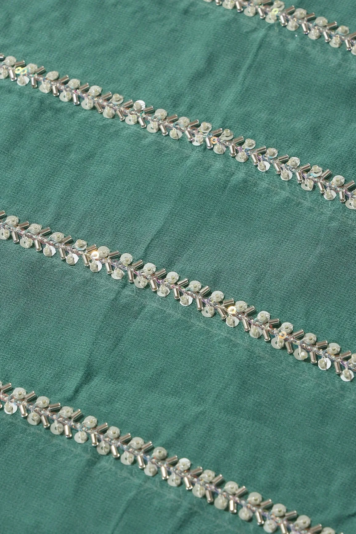 Silver Beads With Sequins Beautiful Stripes Handwork Embroidery On Teal Viscose Georgette Fabric