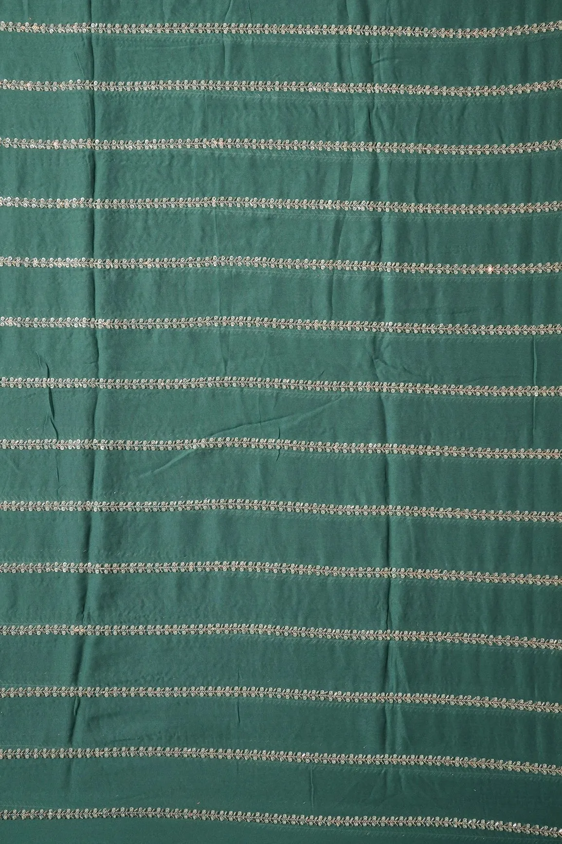 Silver Beads With Sequins Beautiful Stripes Handwork Embroidery On Teal Viscose Georgette Fabric