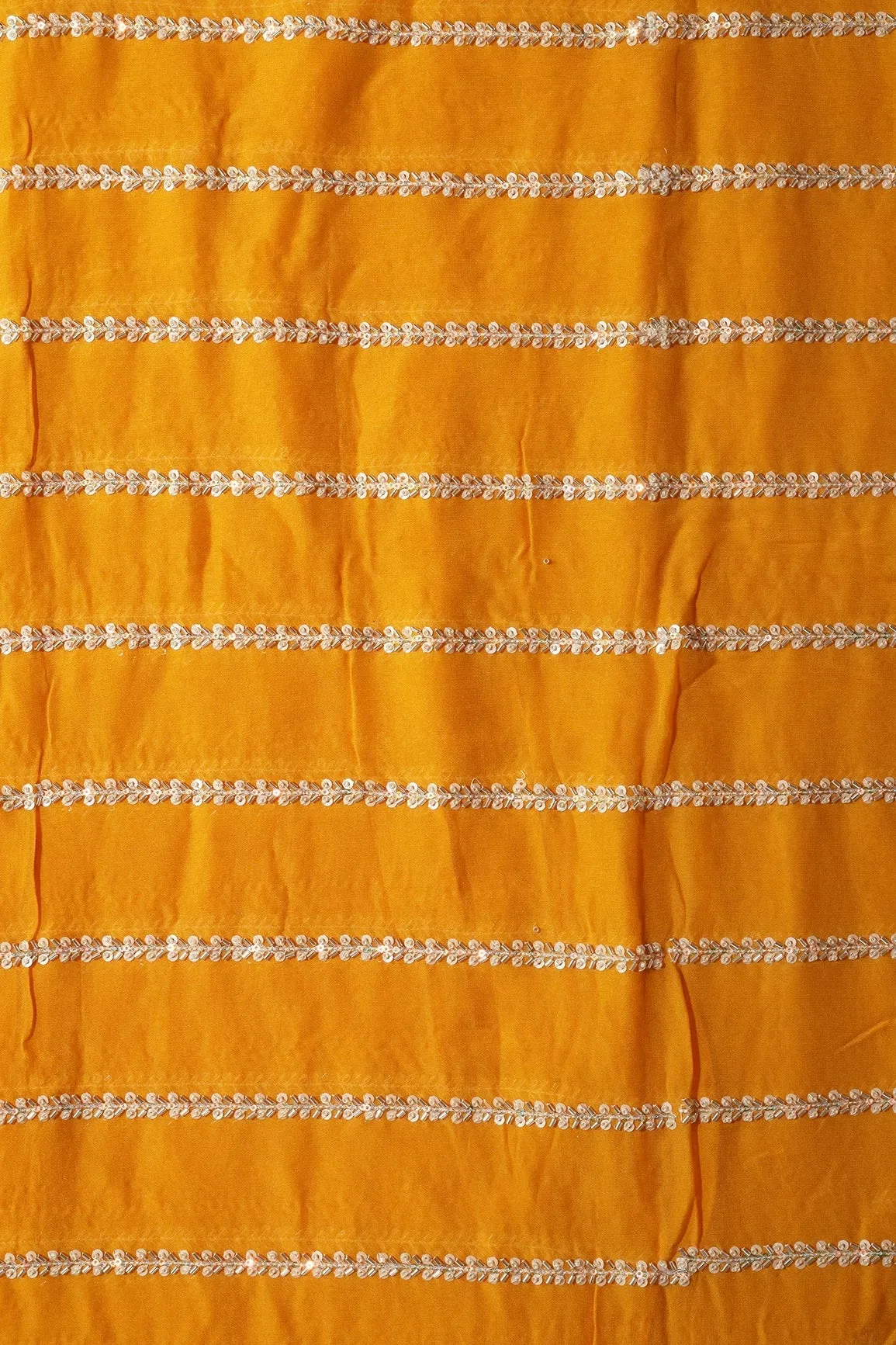 Silver Beads With Sequins Beautiful Stripes Handwork Embroidery On Yellow Viscose Georgette Fabric