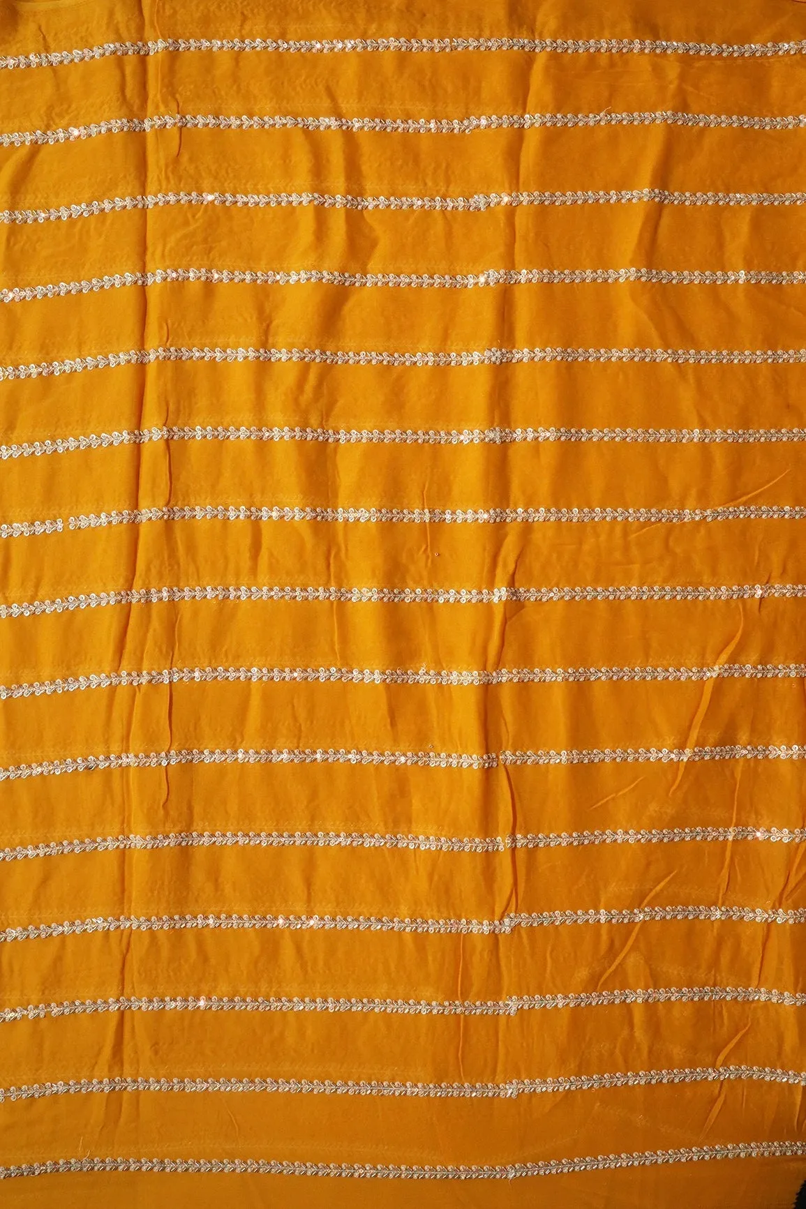 Silver Beads With Sequins Beautiful Stripes Handwork Embroidery On Yellow Viscose Georgette Fabric