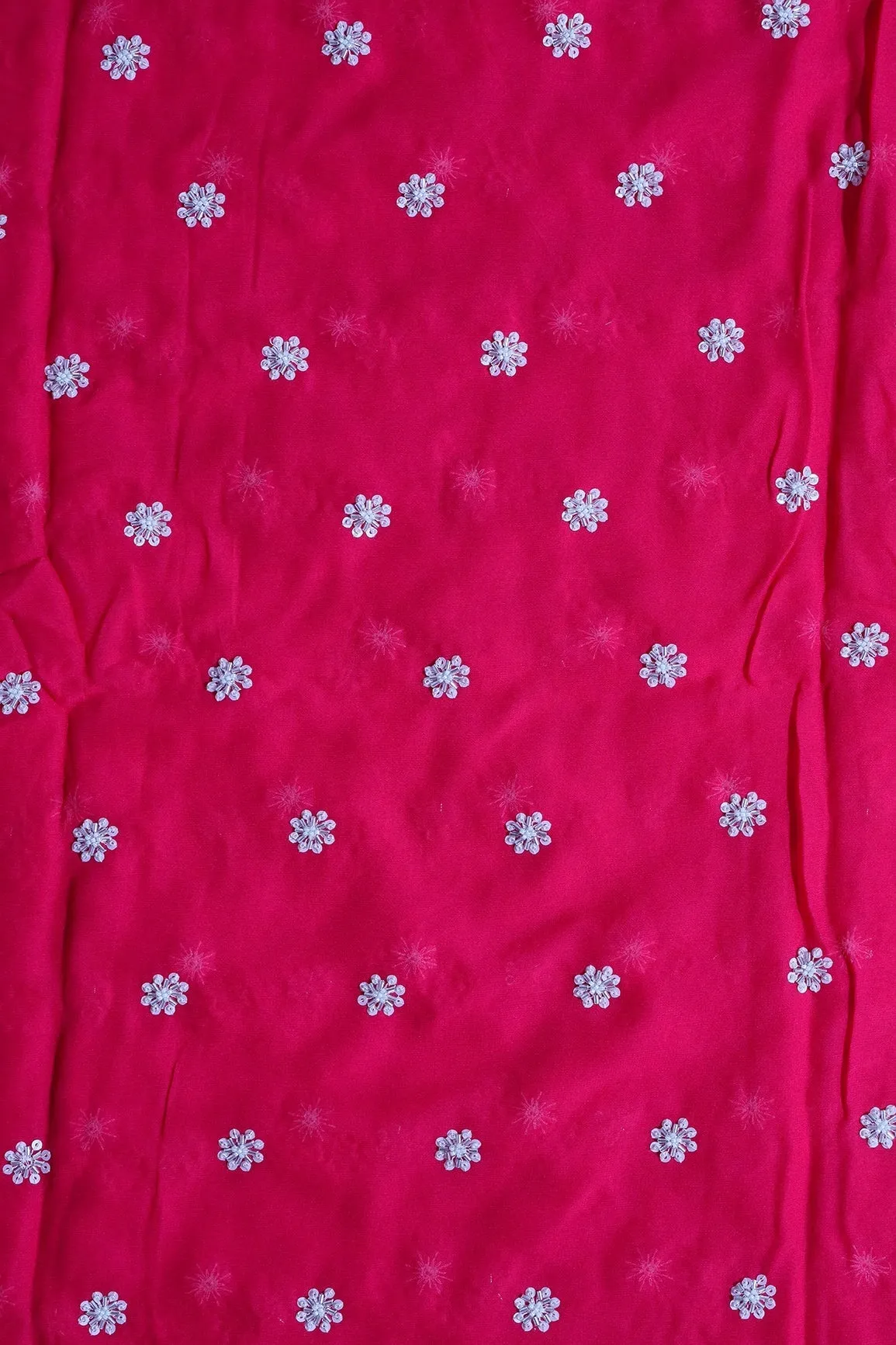 Silver Beads With Sequins Small Floral Handwork Embroidery On Fuchsia Viscose Georgette Fabric