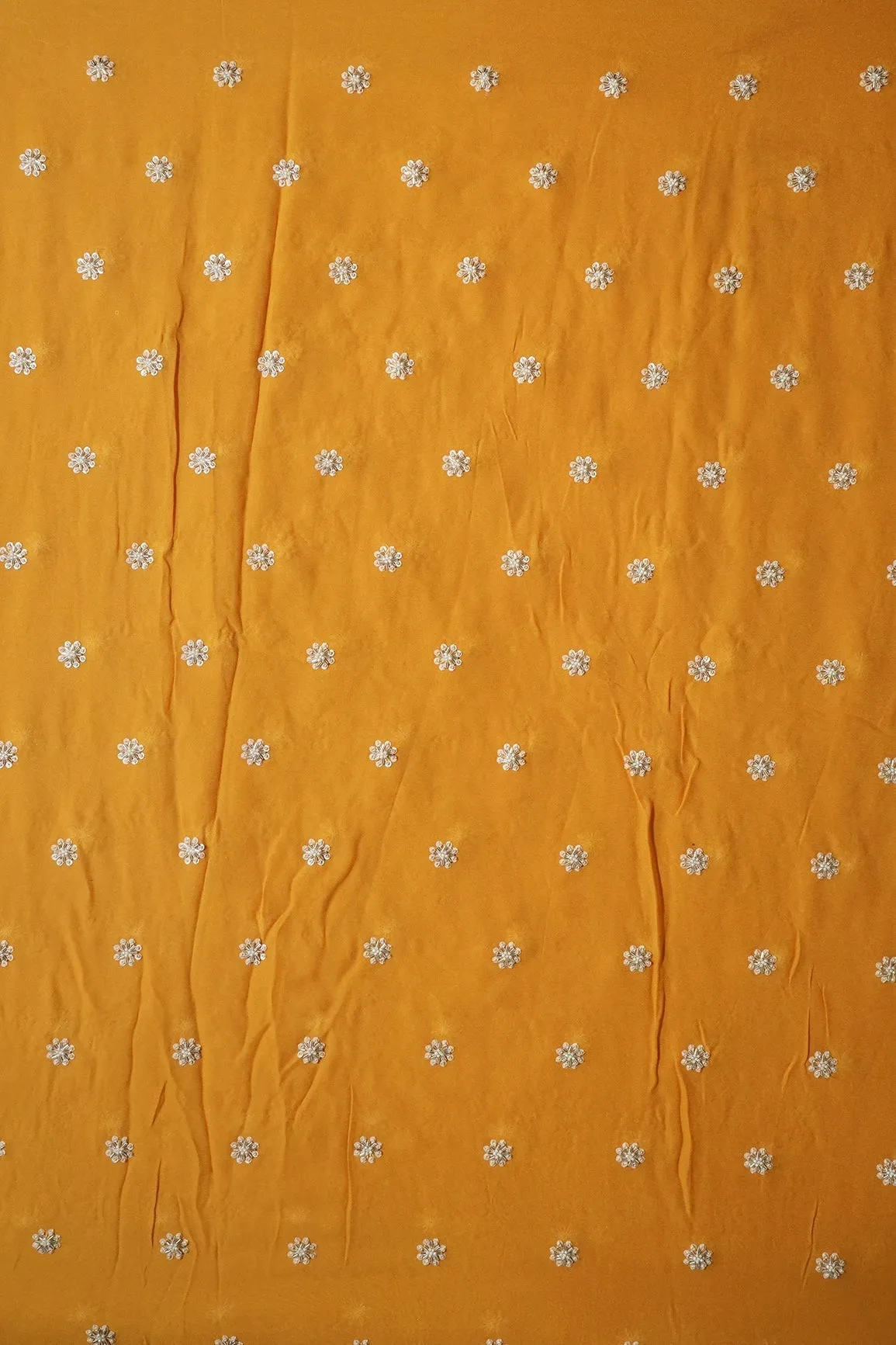 Silver Beads With Sequins Small Floral Handwork Embroidery On Yellow Viscose Georgette Fabric