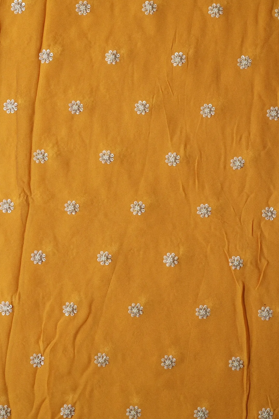 Silver Beads With Sequins Small Floral Handwork Embroidery On Yellow Viscose Georgette Fabric