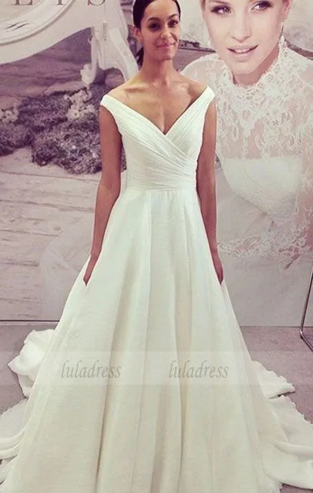 Simple V Neck Long Chiffon Wedding Dress