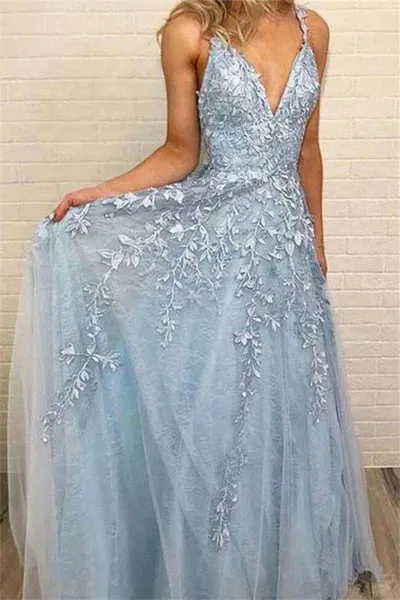 Sky Blue Lace Prom Dresses Deep V-neck A Line Long Party Elegant Floor Length Women Evening Gowns