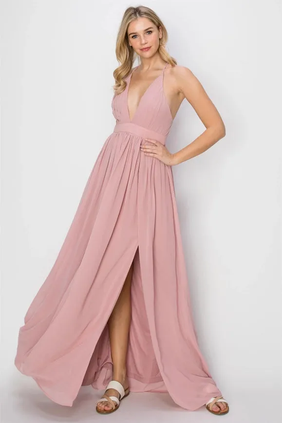 SLEEVELESS Double Strap Slit Maxi Dress PINK