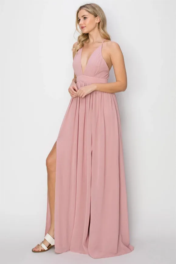 SLEEVELESS Double Strap Slit Maxi Dress PINK