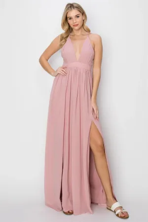 SLEEVELESS Double Strap Slit Maxi Dress PINK