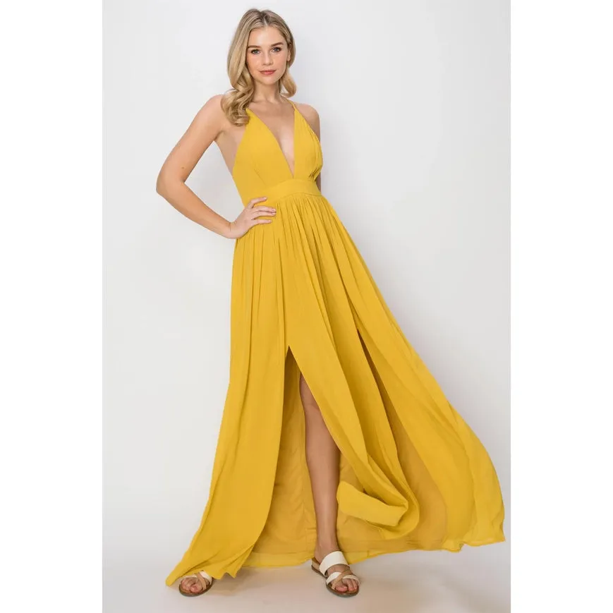 SLEEVELESS Double Strap Slit Maxi Dress YELLOW