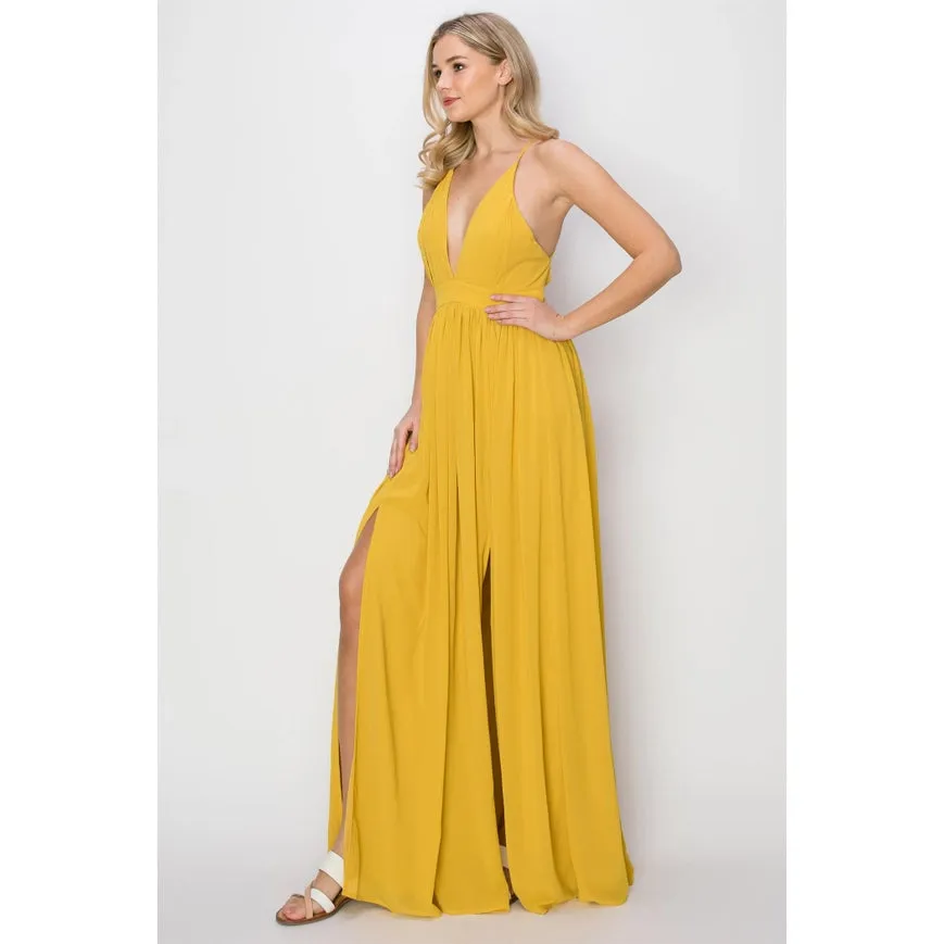 SLEEVELESS Double Strap Slit Maxi Dress YELLOW