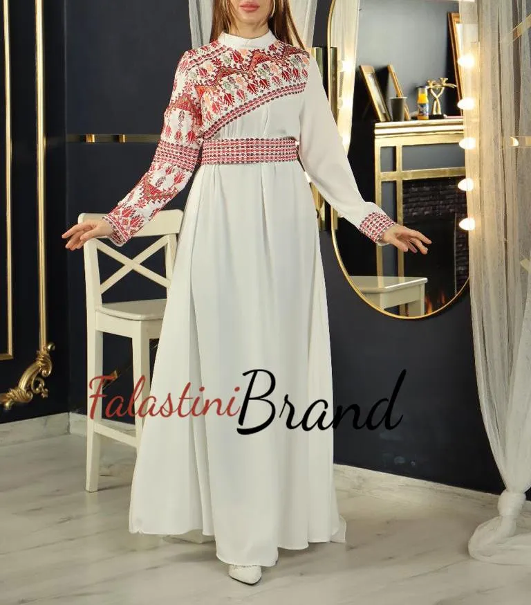 Stylish White Shoulder Details Embroidered Dress