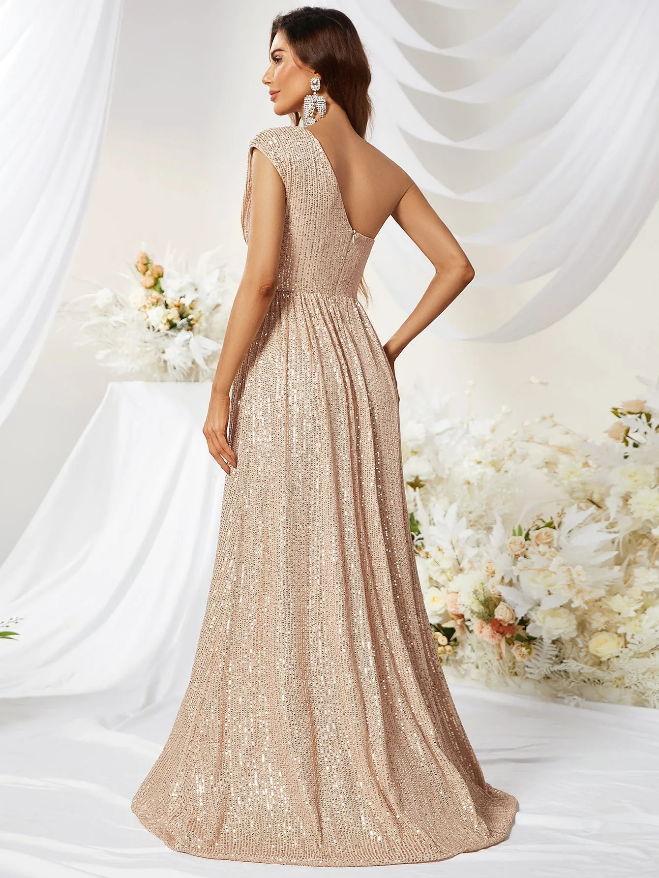 Tiara One Shoulder Sleeveless Elegant Sequined Maxi Dress