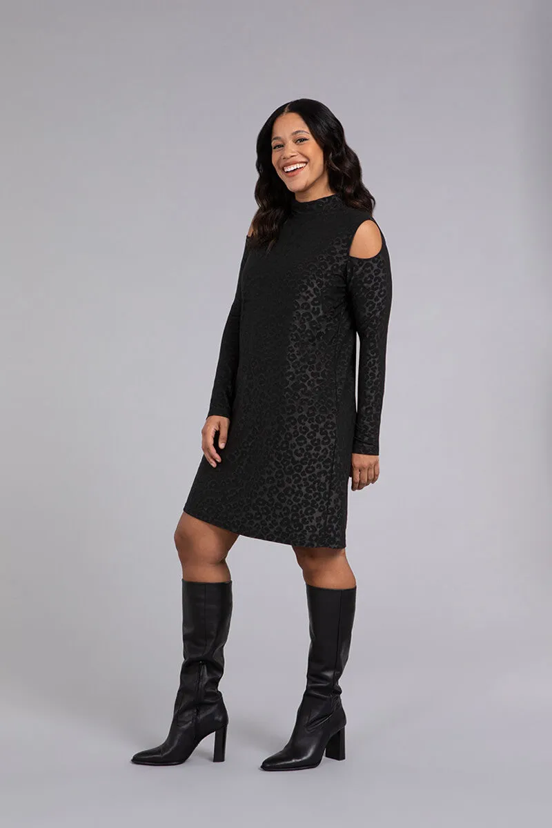 Turtle Neck Cutout Shoulder Dress | Black Animal Emboss