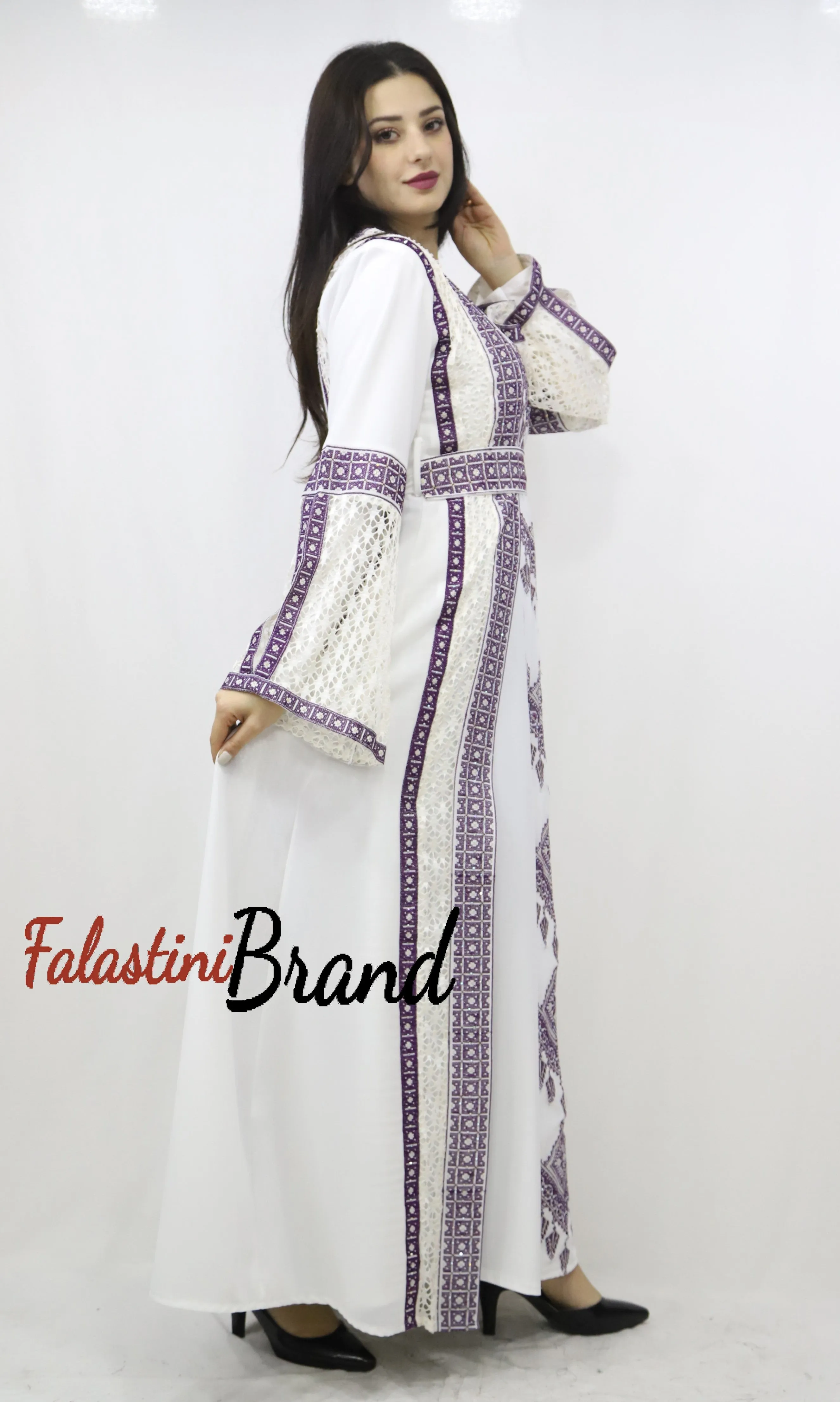 Two Pieces Amazing White And purple Palestinian Embroidered Dress