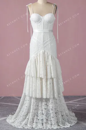 Unique Ivory Lace Corset Tiered A-line Wedding Dress