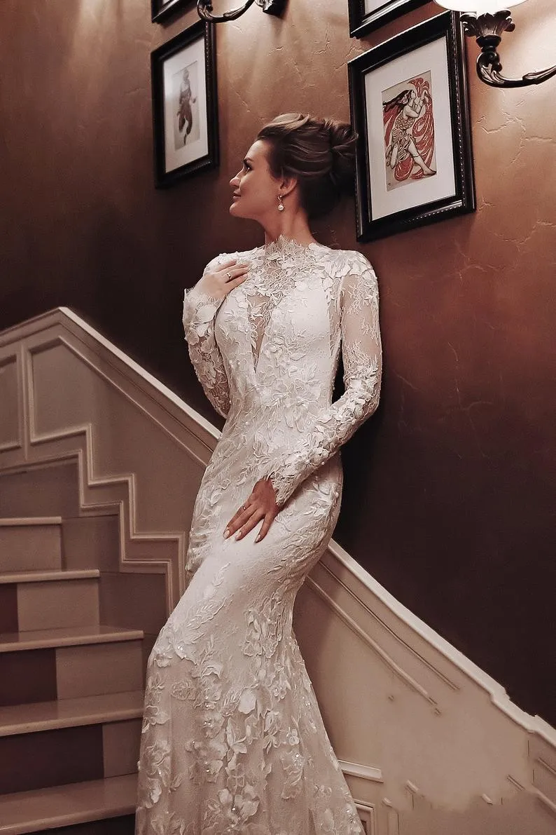 Unique Long Sleeve High Neck Backless Mermaid Wedding Dress with Lace Appliques