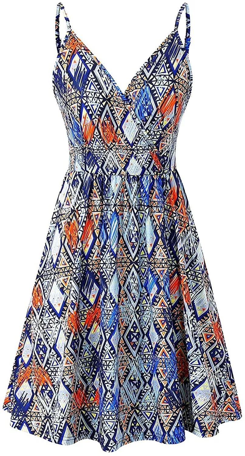 VOTEPRETTY Women's V-Neck Spaghetti Strap Dress Summer Casual Swing Sundress with Pockets