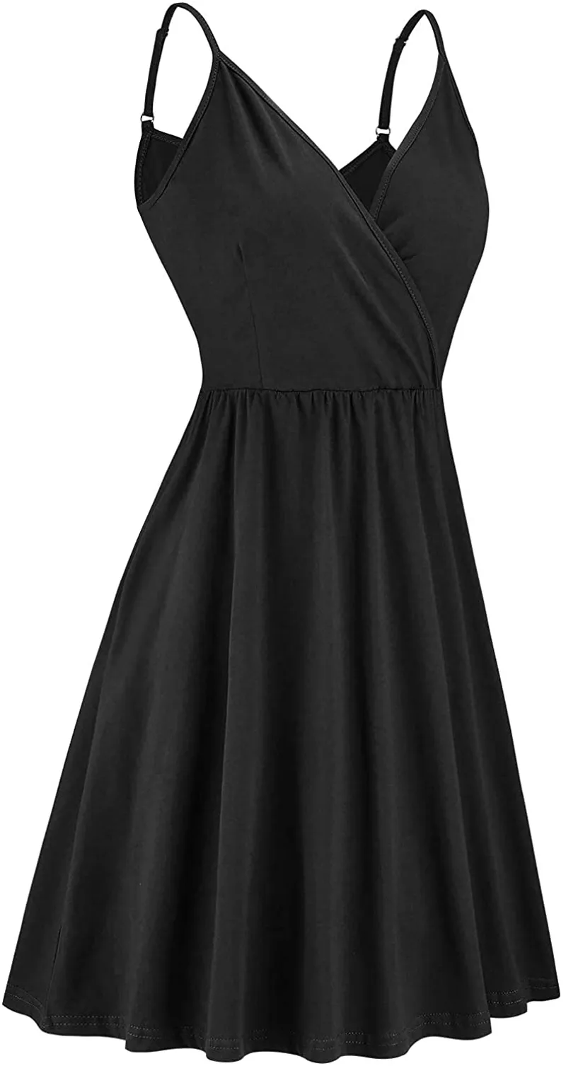 VOTEPRETTY Women's V-Neck Spaghetti Strap Dress Summer Casual Swing Sundress with Pockets