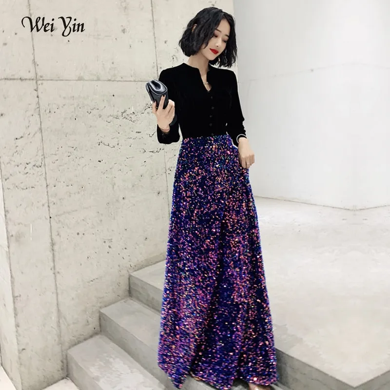 wei yin AE0201 Saudi Arabic Long Sleeve Evening Dress Muslim 2019 V Neck Sequin Gown Dubai Women Dresses Evening Party Dress