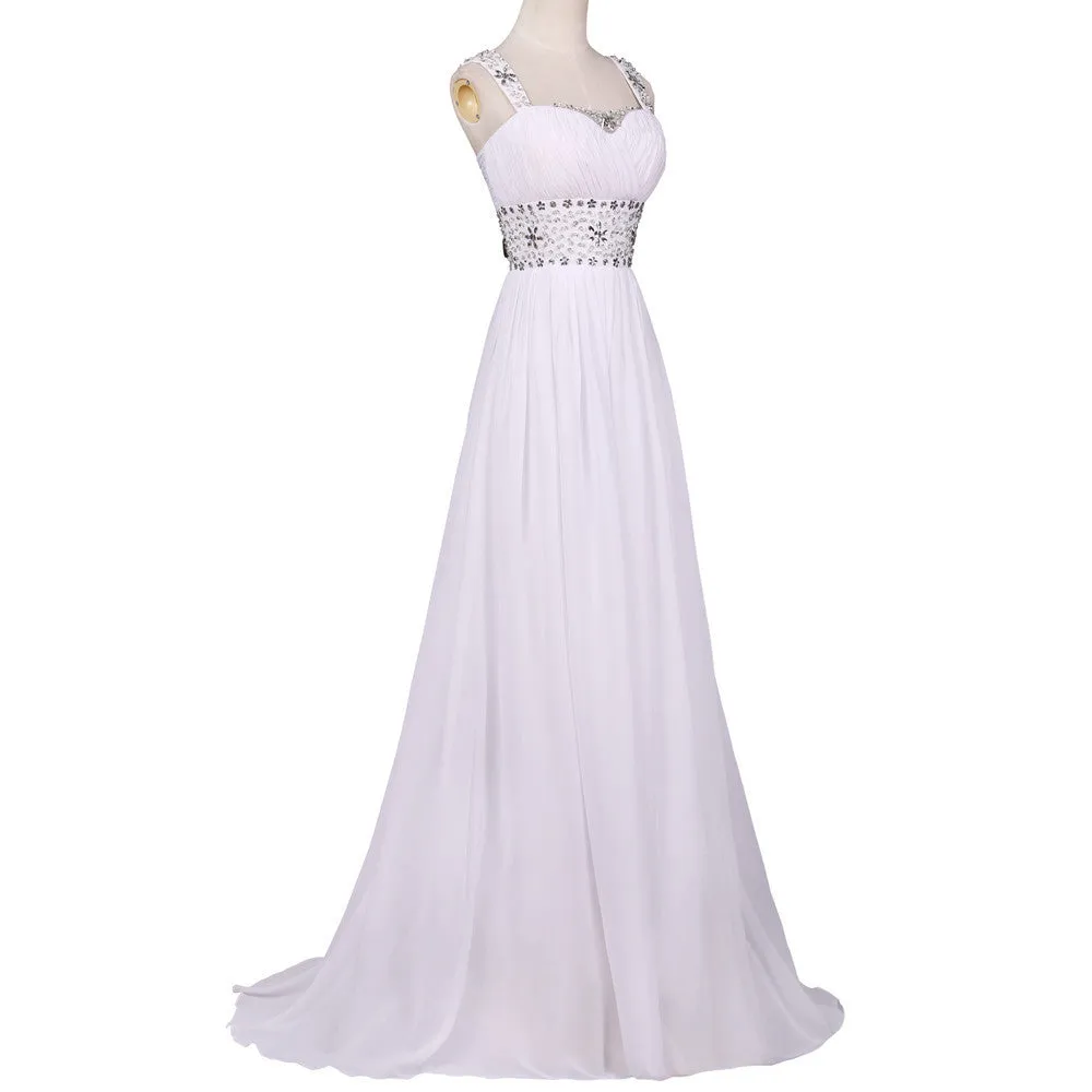 White Chiffon Beach Wedding prom party dress at Bling Brides Bouquet On line Bridal Store