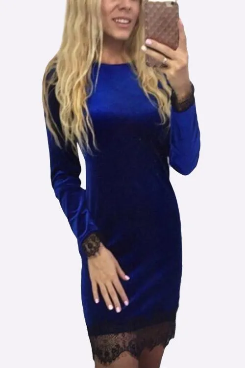 Wholesale Blue Round Neck Long Sleeve Lace Bodycon Hem Casual Dresses