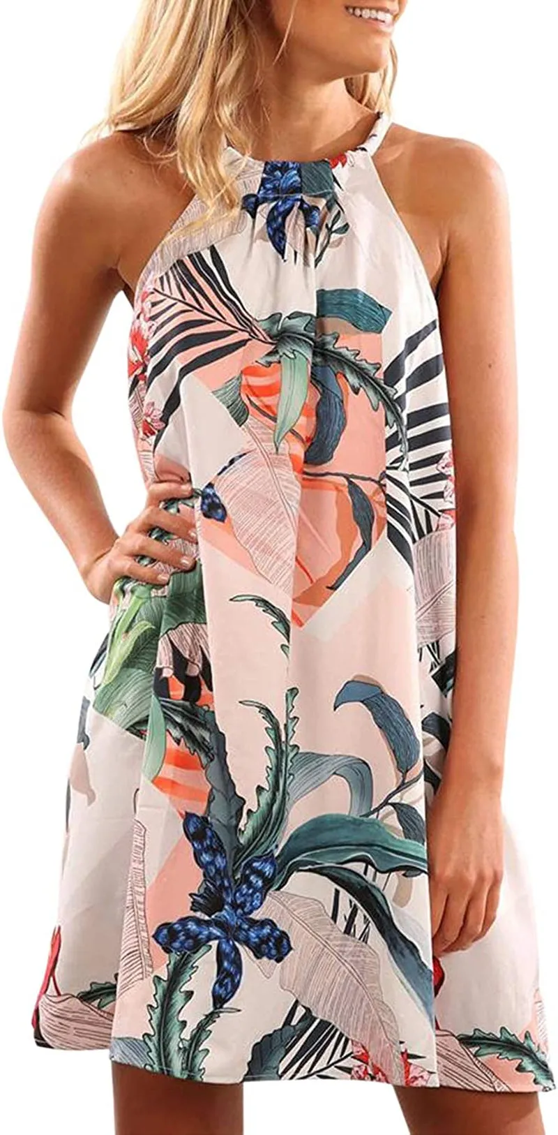 Women's Casual Sleeveless Floral Mini Dress Summer Beach Halter Neck Dresses