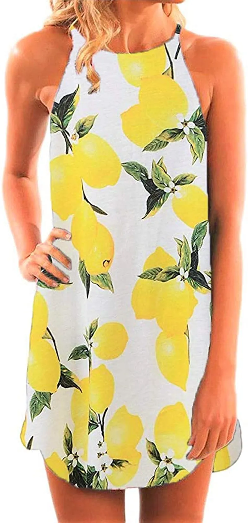 Women's Casual Sleeveless Floral Mini Dress Summer Beach Halter Neck Dresses