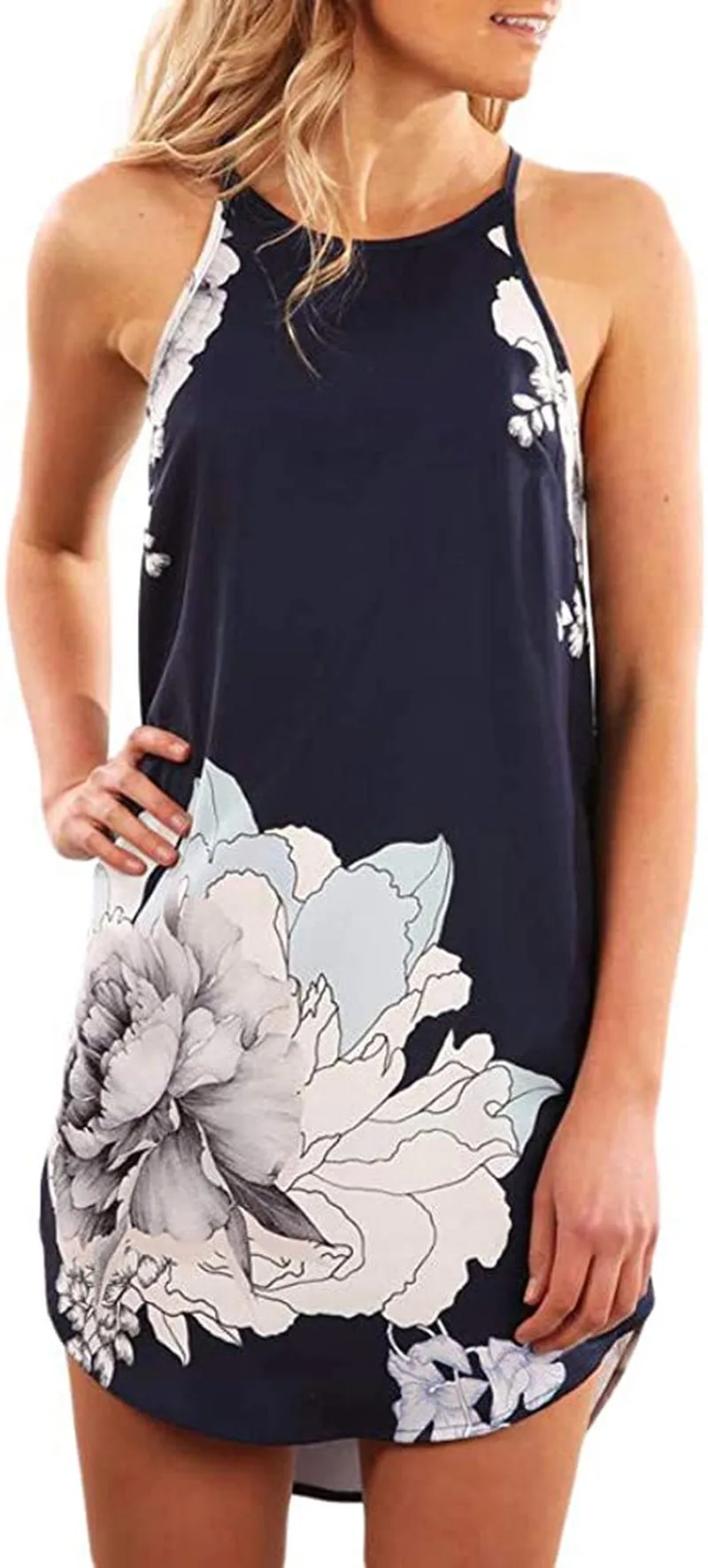 Women's Casual Sleeveless Floral Mini Dress Summer Beach Halter Neck Dresses